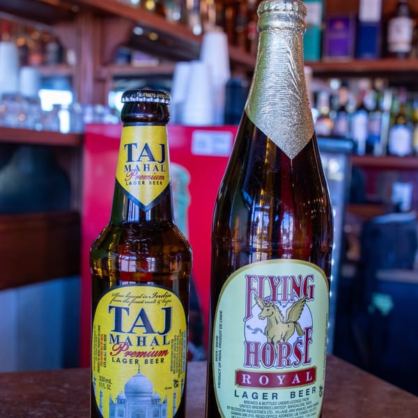 Two Indian beers, Taj Mahal Premium Lager and Flying Horse Royal Lager, on a bar.