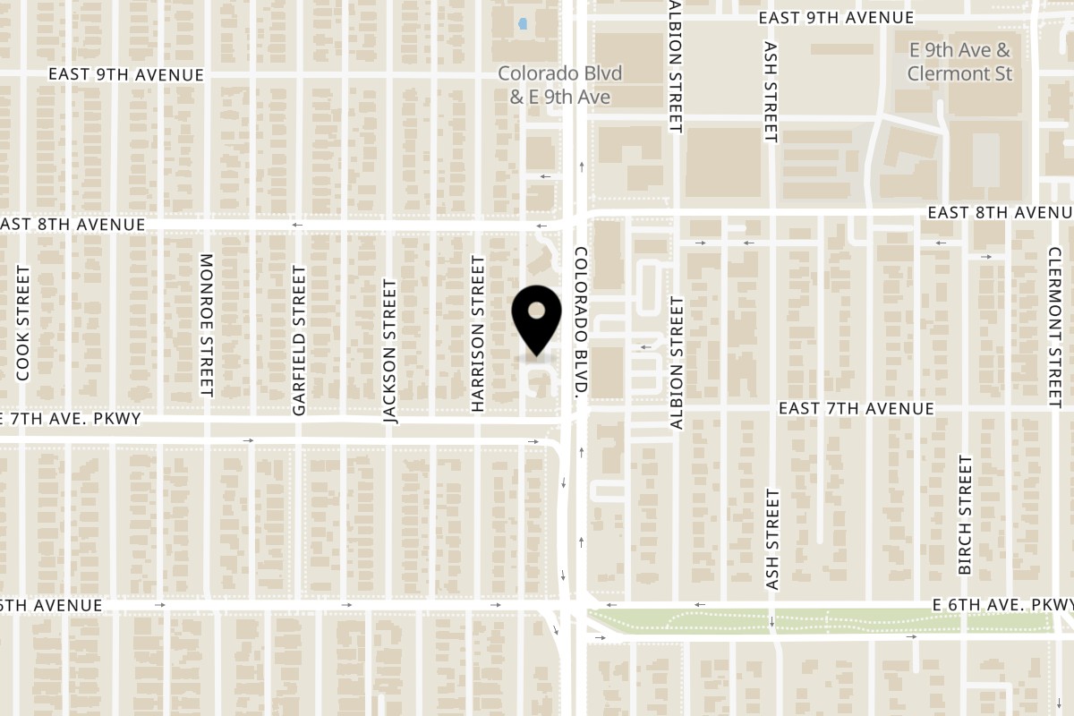 Map showing the location of India Express Denver on 727 Colorado Blvd C in Denver